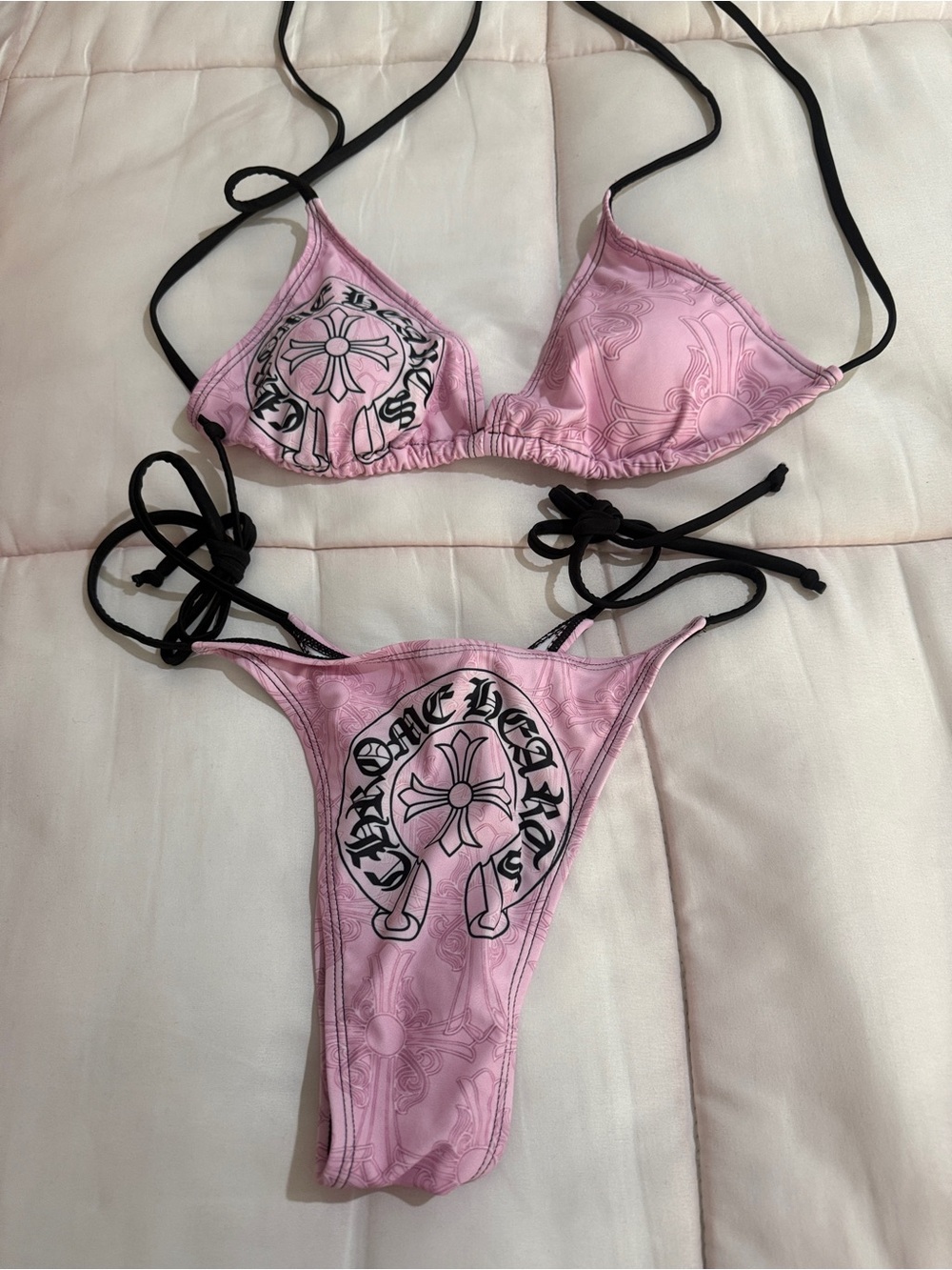 Chrome Hearts Pink Triangle Bikini with Black Logo Accents